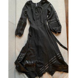 Vintage Long-Sleeve Black Linen Cottagecore Prairie Lolita Dress S